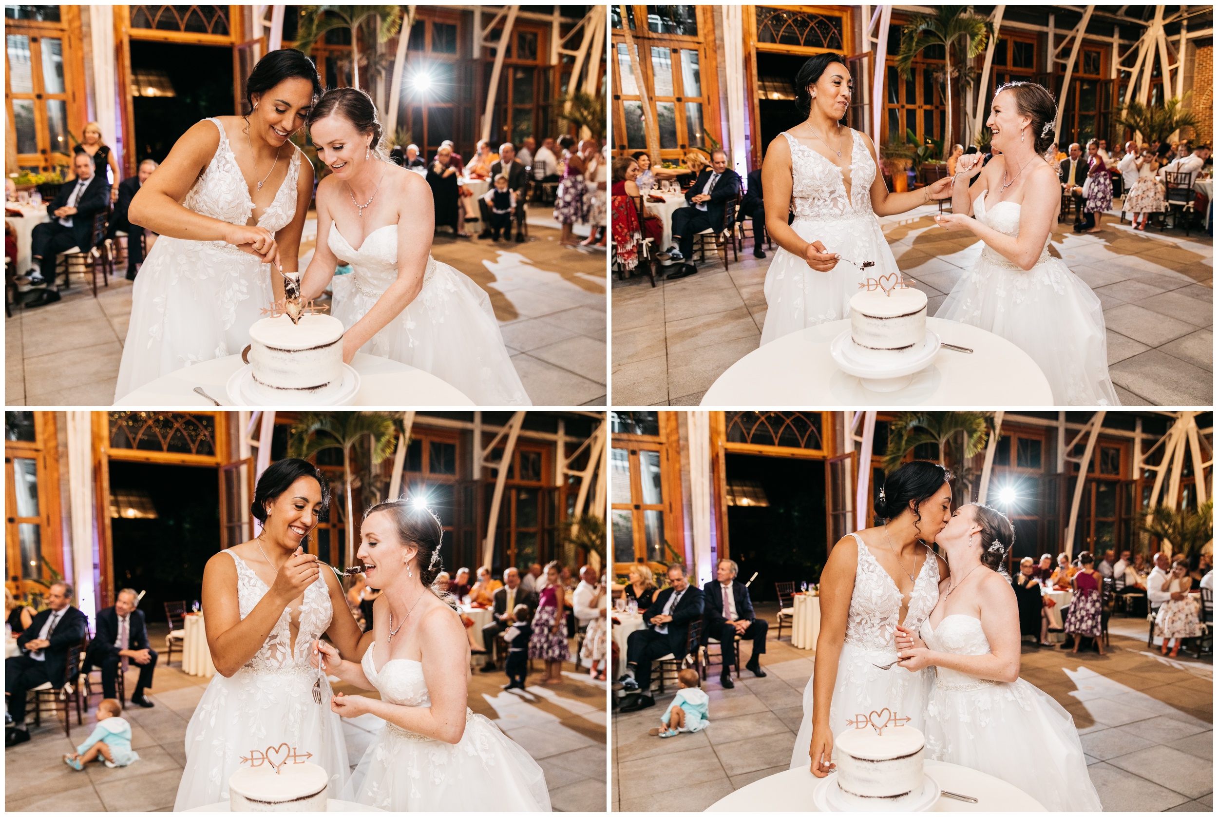 Two brides cutting wedding cake at New England Botanic Garden at Tower Hill reception